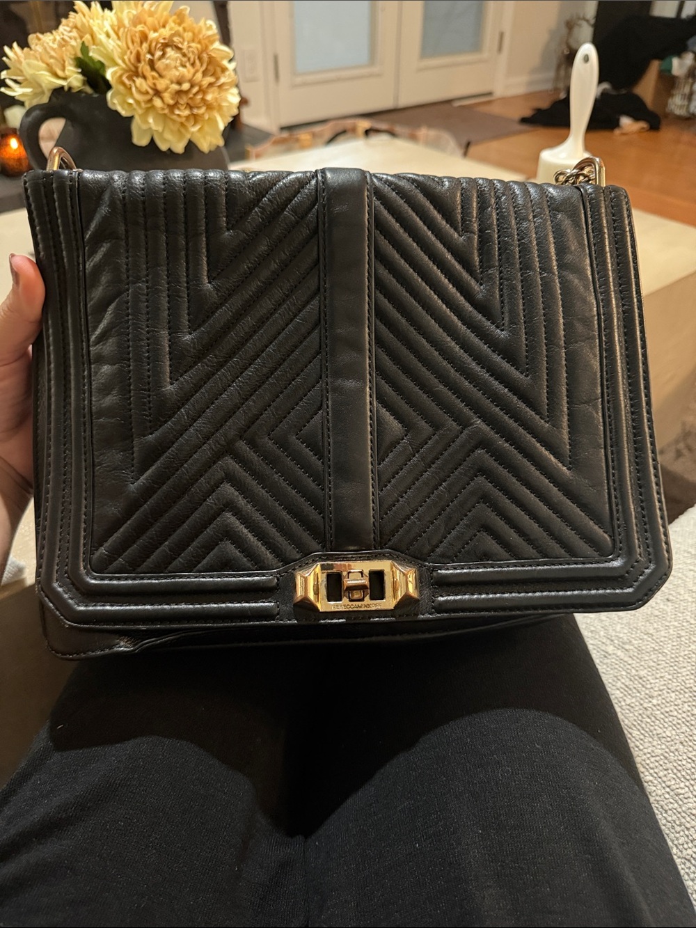 Rebecca Minkoff Black Quilted Leather Shoulder Bag with Gold Hardware
